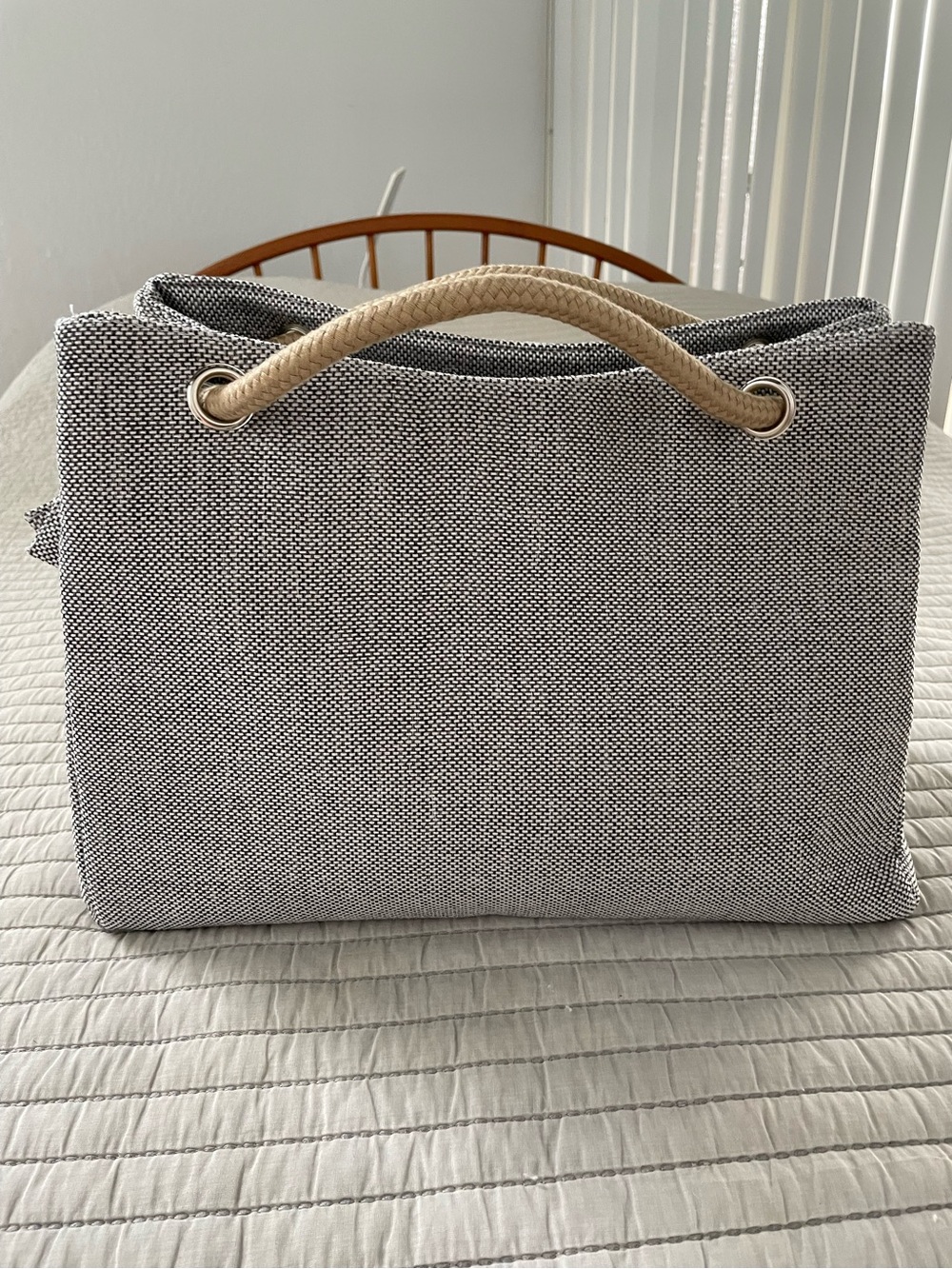 Canvas Tote Bag with Woven Rope Handles - Black & White